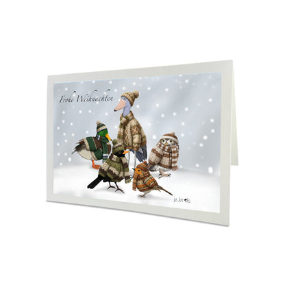 Amsel Rotkehlchen Eule Ente Schuhschnabel im Strickpullover Weihnachtskarte Frohe Weihnachten Vogel im Schnee mit Umschlag