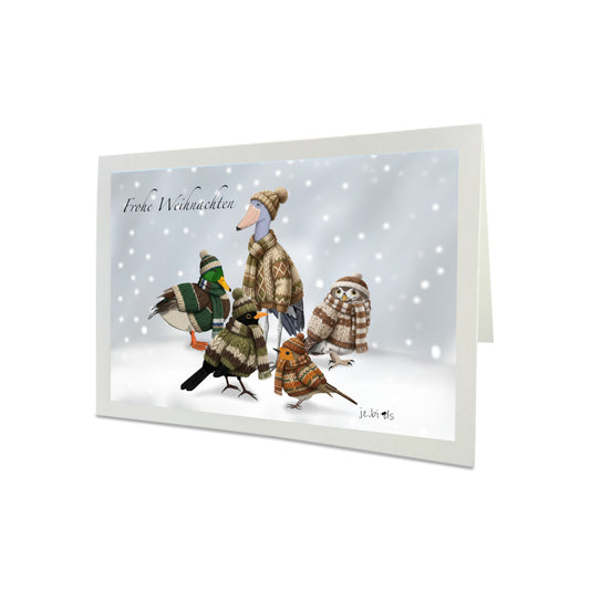 Amsel Rotkehlchen Eule Ente Schuhschnabel im Strickpullover Weihnachtskarte Frohe Weihnachten Vogel im Schnee mit Umschlag