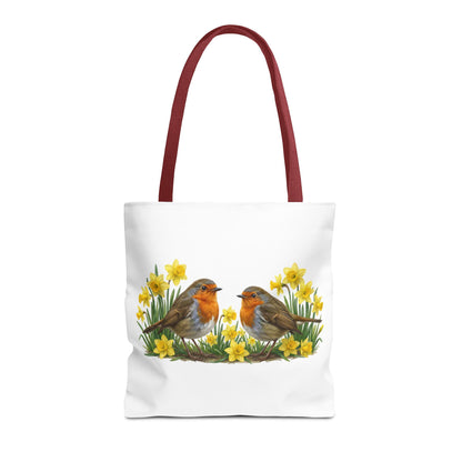 Robuste Einkaufstasche "Frühling": Rotkehlchen in Osterglocken | 40x40cm Shopper