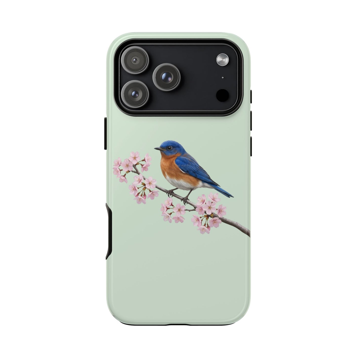 Rotkehl-Hüttensänger Handyhülle in Salbeigrün | Florales Kirschblüten Vogel-Motiv für iPhone & Google Pixel