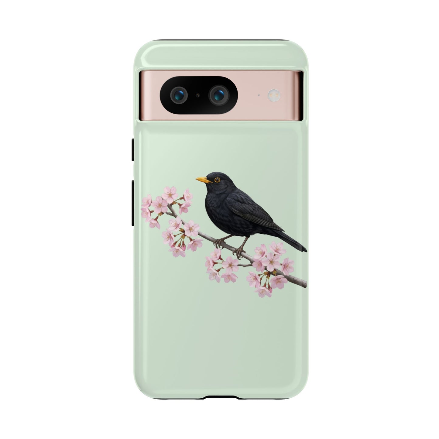 Amsel Handyhülle in Salbeigrün | Florales Kirschblüten Vogel-Motiv für iPhone & Google Pixel