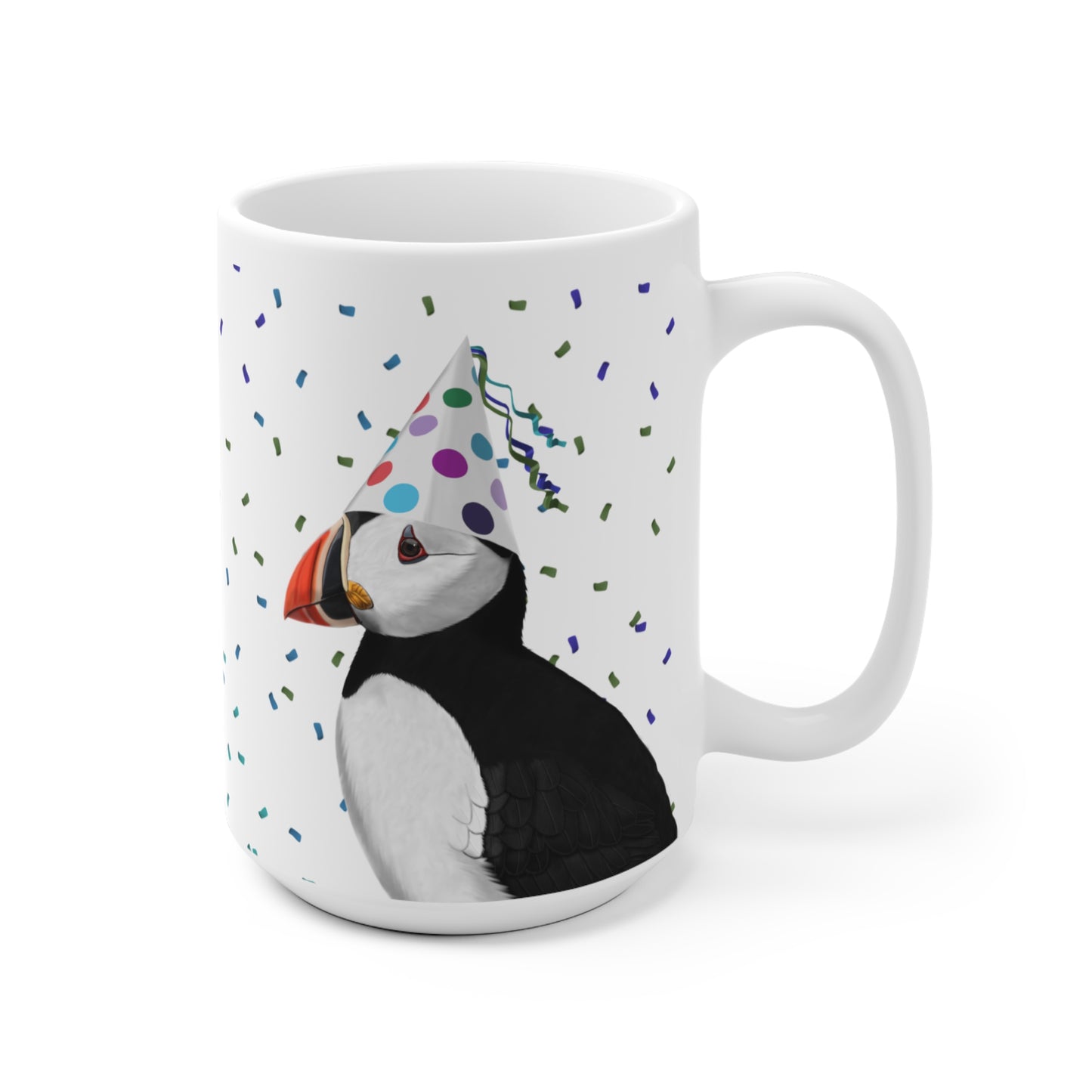 Papageitaucher feiert Geburtstag mit Partyhut und Konfetti Vogel Tasse