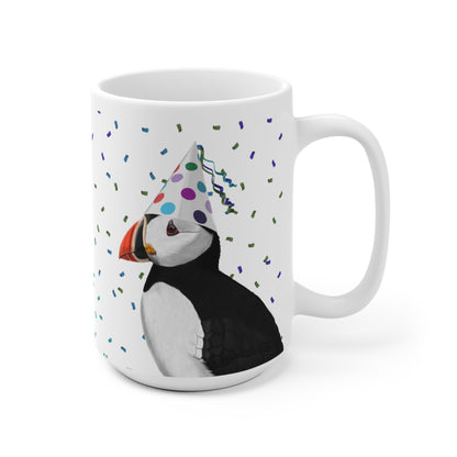 Papageitaucher feiert Geburtstag mit Partyhut und Konfetti Vogel Tasse