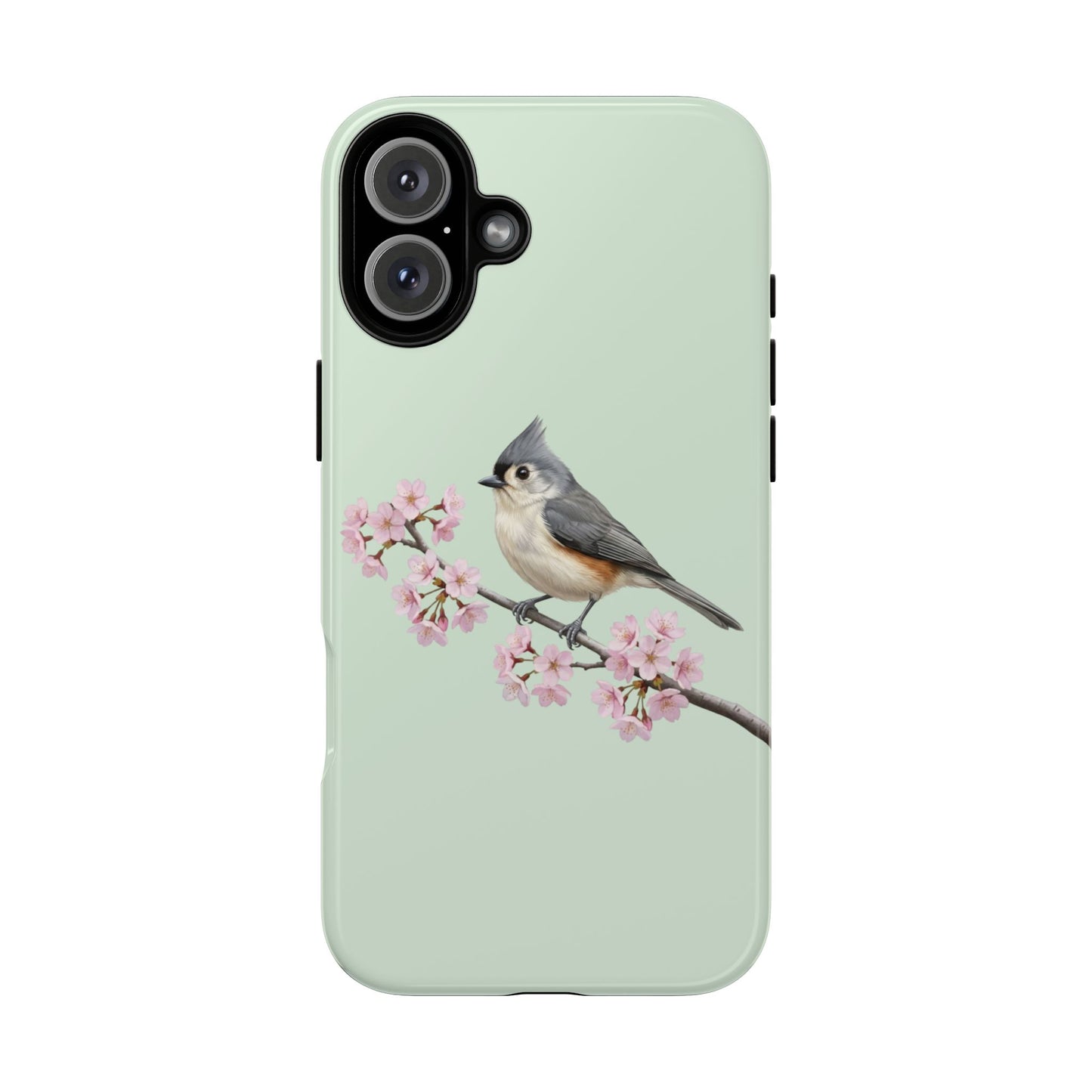Grauhäubchenmeise Handyhülle in Salbeigrün | Florales Kirschblüten Vogel-Motiv für iPhone & Google Pixel
