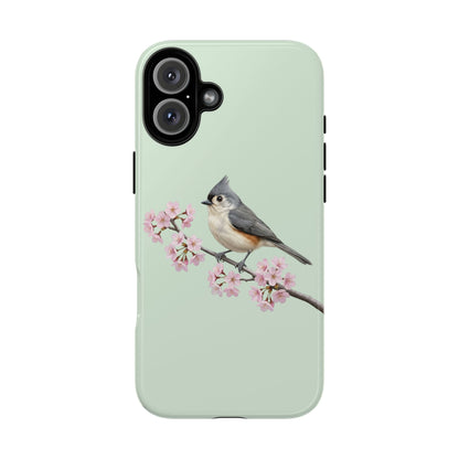 Grauhäubchenmeise Handyhülle in Salbeigrün | Florales Kirschblüten Vogel-Motiv für iPhone & Google Pixel