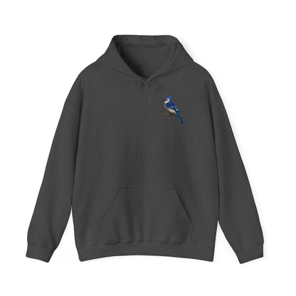 Blauhäher (Blue Jay) Kapuzenpullover – Minimalistischer Hoodie mit Vogelmotiv auf Ast