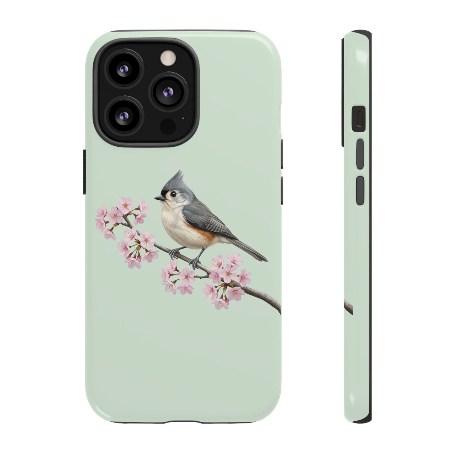 Grauhäubchenmeise Handyhülle in Salbeigrün | Florales Kirschblüten Vogel-Motiv für iPhone & Google Pixel
