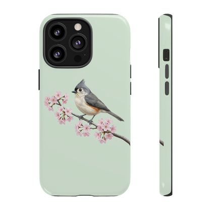 Grauhäubchenmeise Handyhülle in Salbeigrün | Florales Kirschblüten Vogel-Motiv für iPhone & Google Pixel