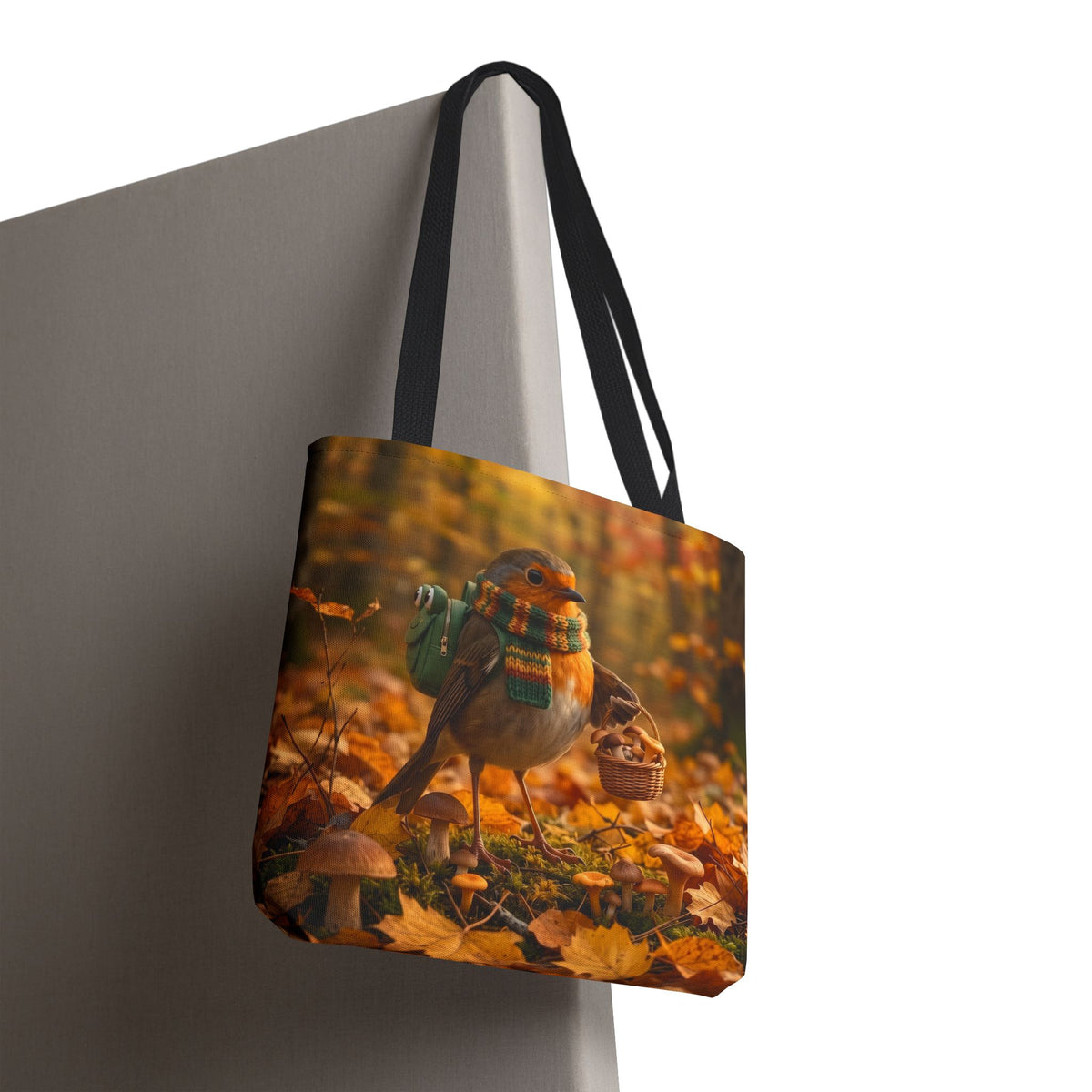 Tragetasche Rosi Rotkehlchen sammelt Pilze | Herbst Stofftasche für Vogelfreunde und Vogelbeobachter