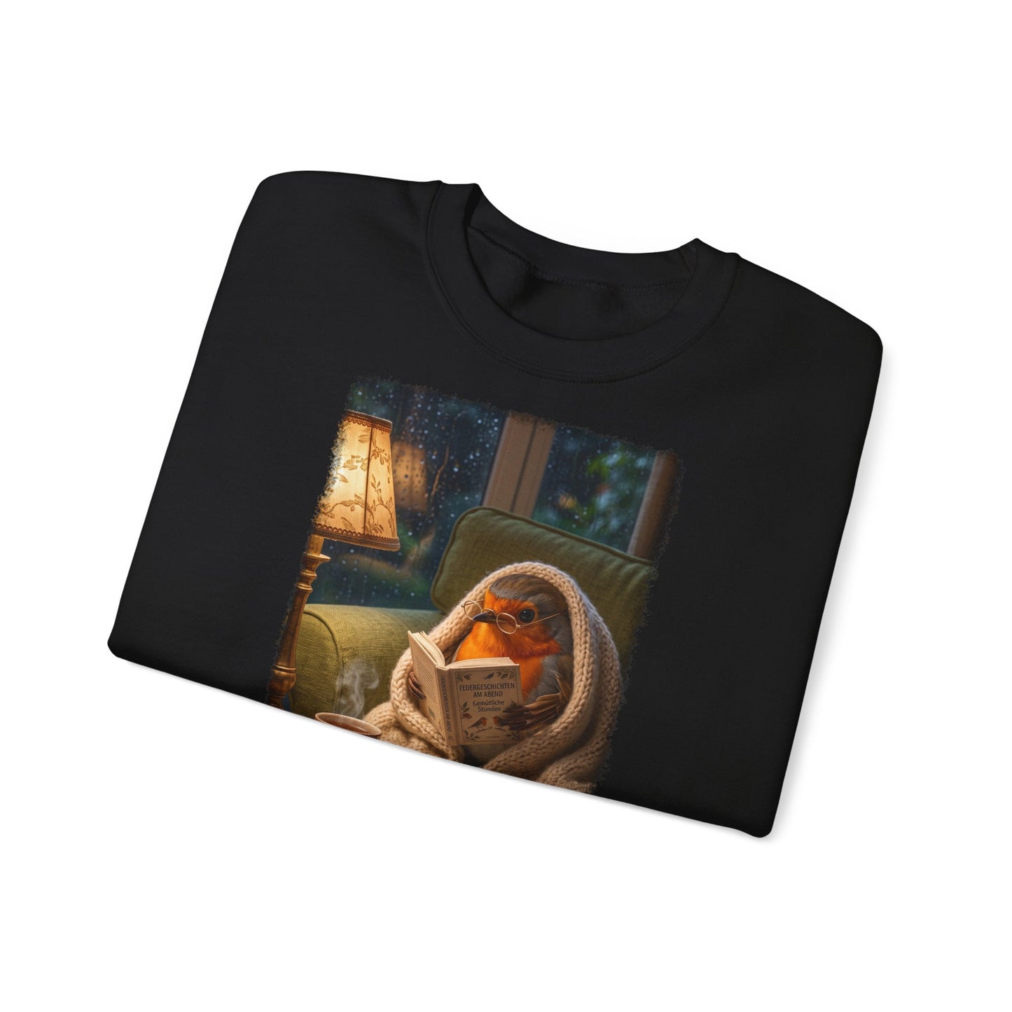 Gemütliches Rotkehlchen Sweatshirt mit Lese-Motiv | Süßer Vogel Pullover für Buchliebhaber