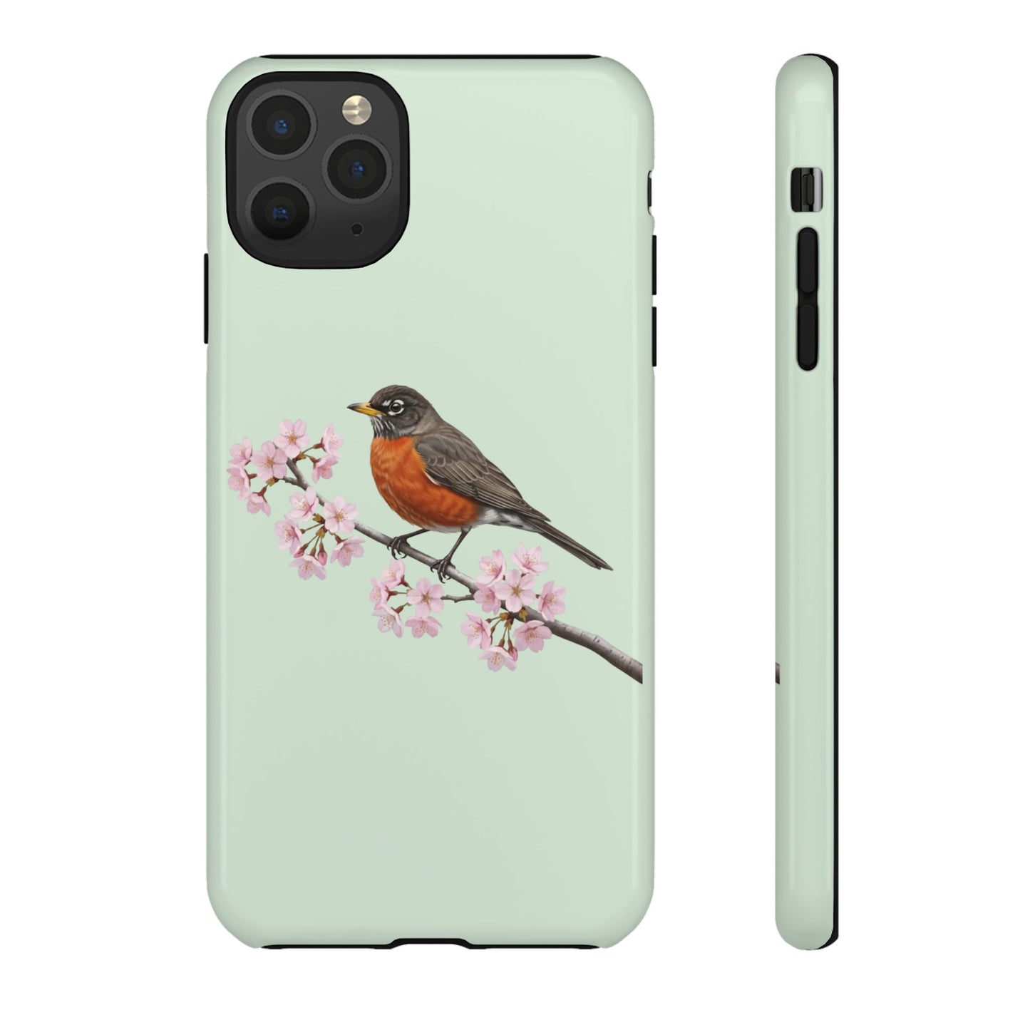 Wanderdrossel Handyhülle in Salbeigrün | Florales Kirschblüten Vogel-Motiv für iPhone & Google Pixel – animal lover,