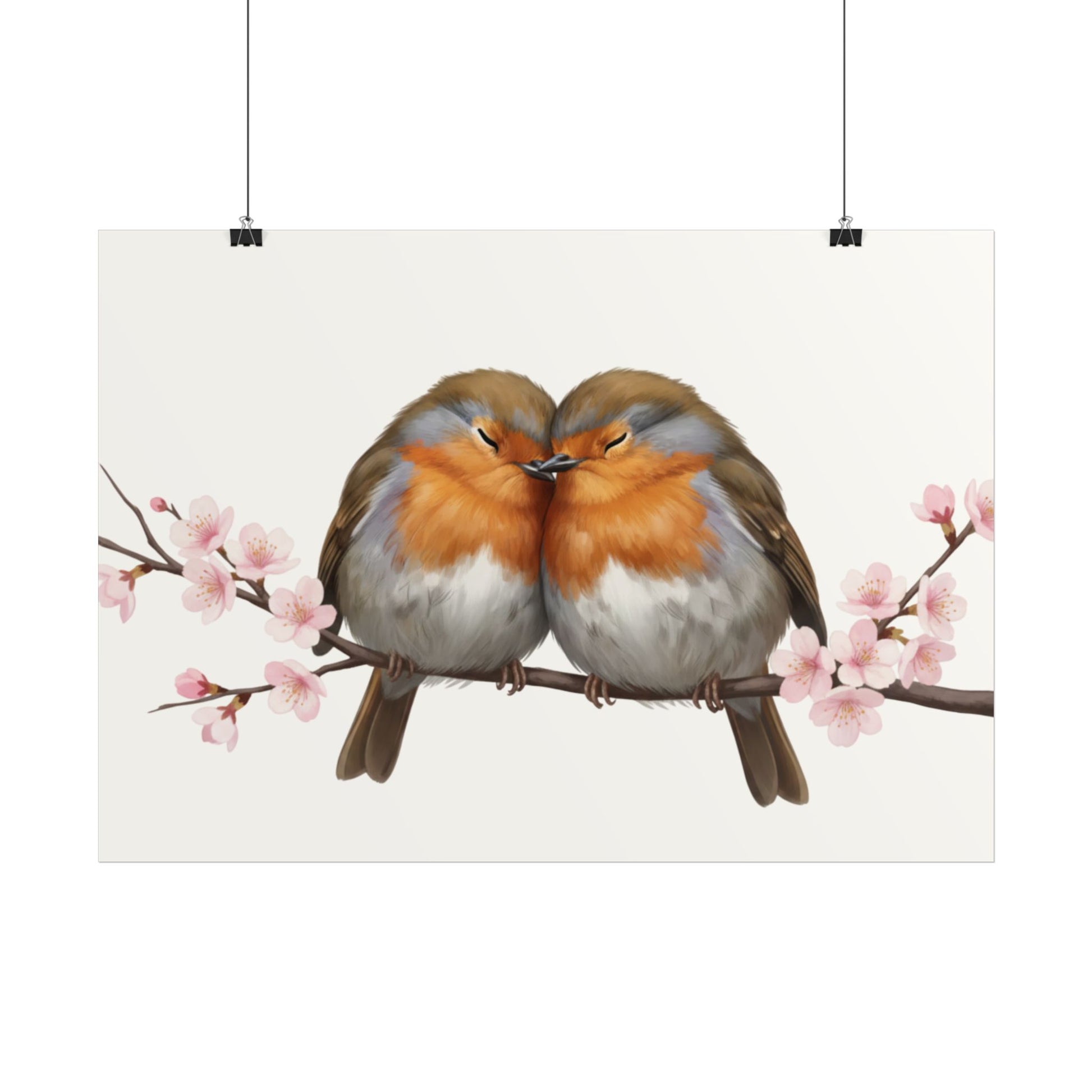 Rotkehlchen Poster – Premium mit im Frühling und Kirschblüten (Matt)