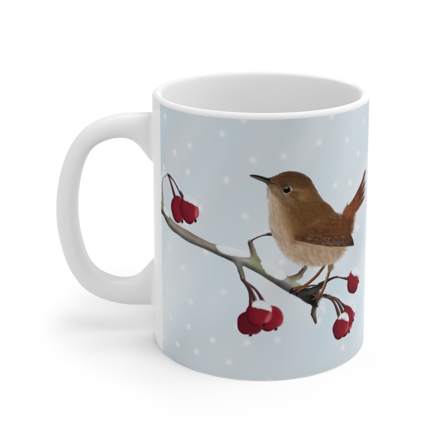 Zaunkönig auf einem Ast im Winter Weihnachten Schnee Vogel Tasse