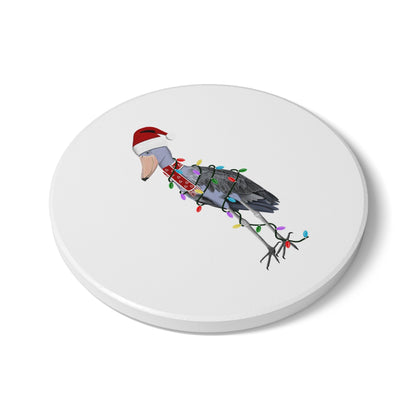 Keramik-Untersetzer Schuhschnabel als Weihnachtsmann mit Lichterkette Weihnachtliches Vogel-Motiv