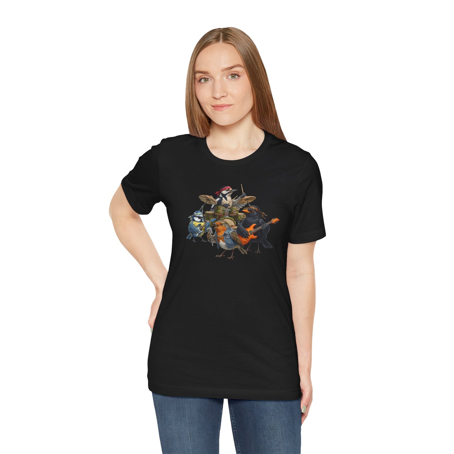 Die Gartenvögel Rockband T-Shirt – Lustiges Vogel Shirt mit Rückendruck – Amsel, Rotkehlchen, Meise, Specht – Geschenk für Musiker & Vogelfreunde