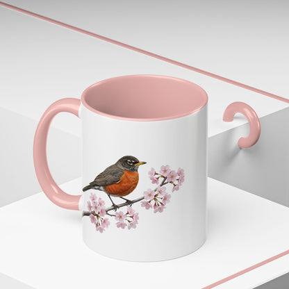Wanderdrossel Tasse mit Kirschblüten | Rosa Keramiktasse für Vogelfreunde