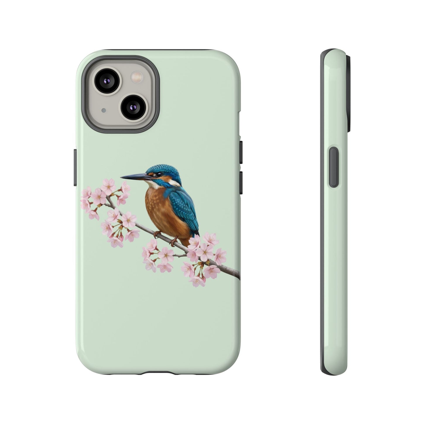 Eisvogel Handyhülle in Salbeigrün | Florales Kirschblüten Vogel-Motiv für iPhone & Google Pixel