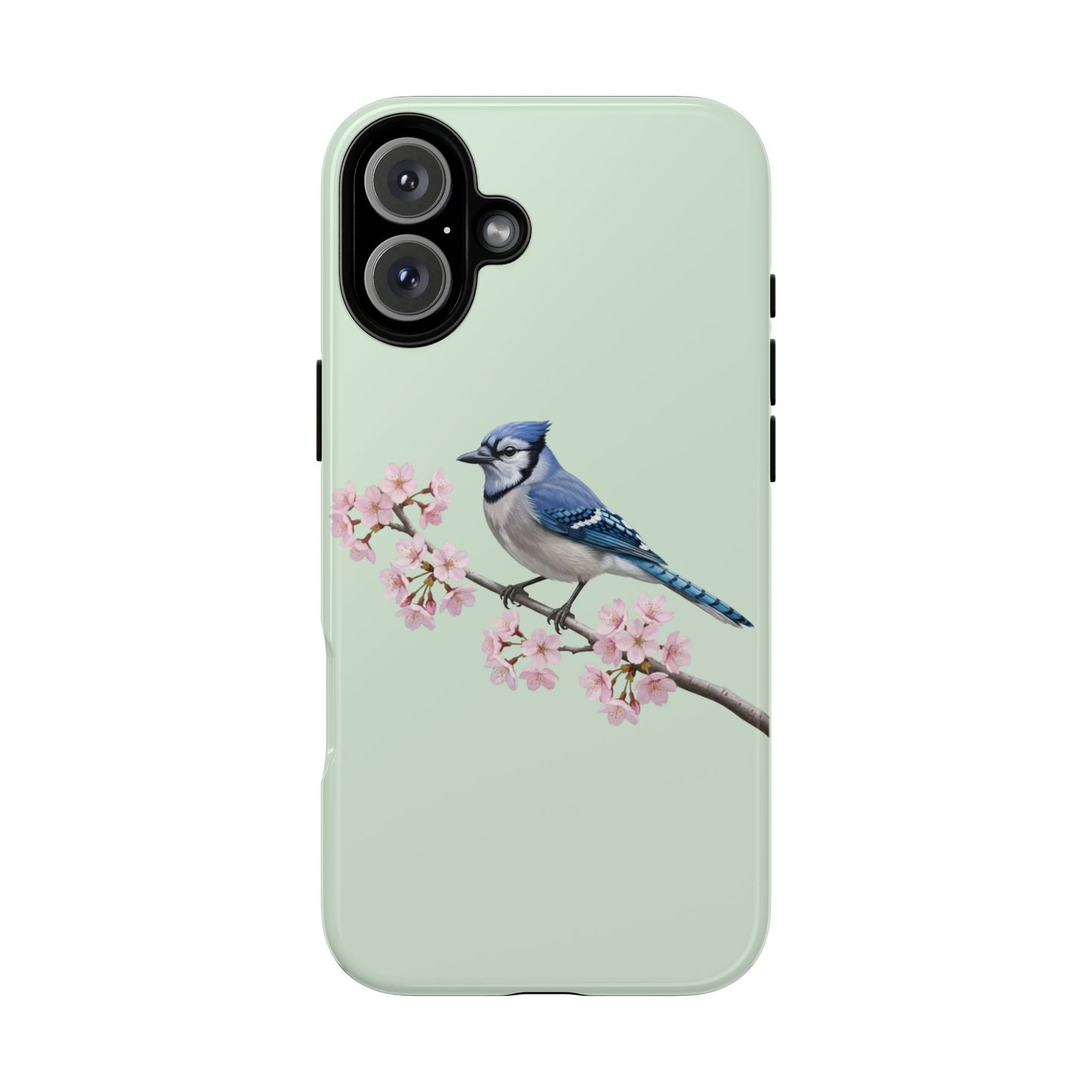 Blauhäher Handyhülle in Salbeigrün | Florales Kirschblüten Vogel-Motiv für iPhone & Google Pixel
