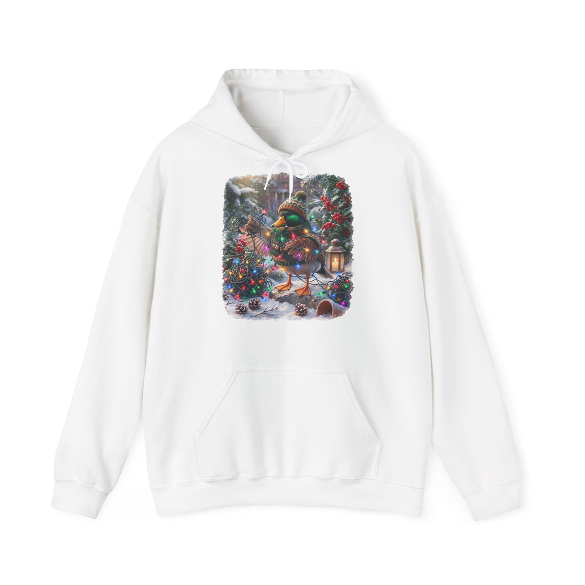 Premium Hoodie Ente und die Lichterkette im winterlichen Garten für Vogelbeoachter