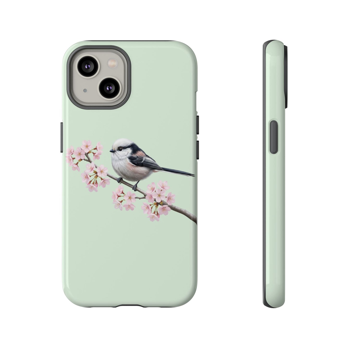 Schwanzmeise Handyhülle in Salbeigrün | Florales Kirschblüten Vogel-Motiv für iPhone & Google Pixel