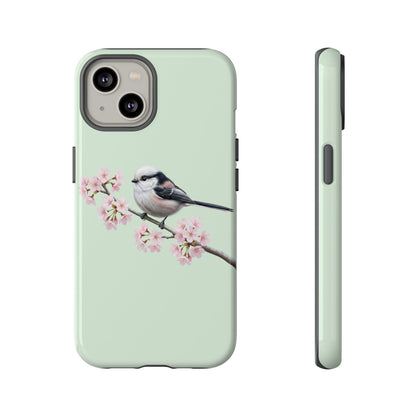 Schwanzmeise Handyhülle in Salbeigrün | Florales Kirschblüten Vogel-Motiv für iPhone & Google Pixel