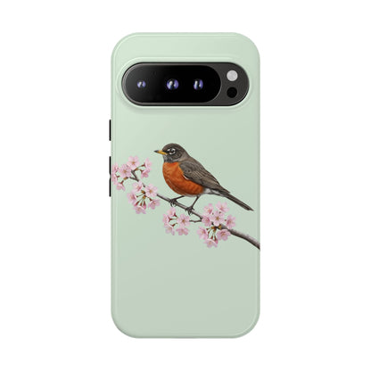 Wanderdrossel Handyhülle in Salbeigrün | Florales Kirschblüten Vogel-Motiv für iPhone & Google Pixel