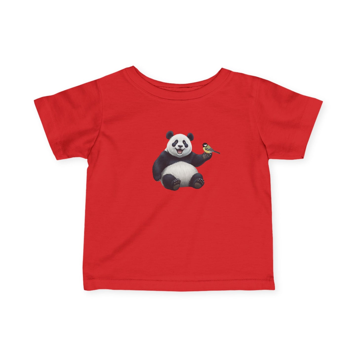Fröhlicher Panda mit Kohlmeise Vogel Tiermotiv T-Shirt für Babys und Kleinkinder