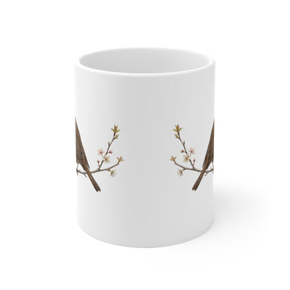 Rotkehlchen mit Ästling Premium Keramiktasse | Geschenk für Vogelbeobachter