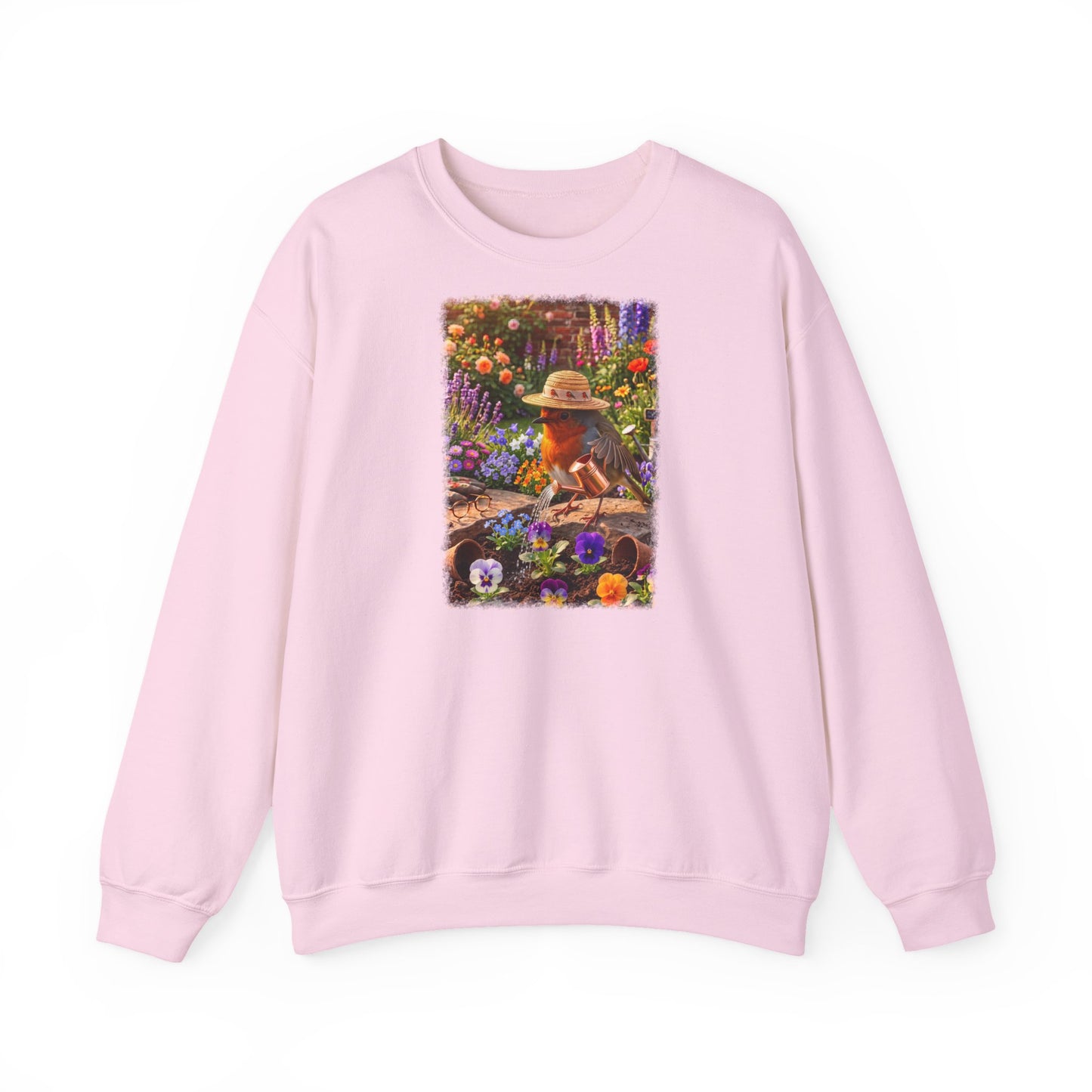 Niedliches Rotkehlchen Sweatshirt beim Blumen gießen | Gemütlicher Garten-Pullover