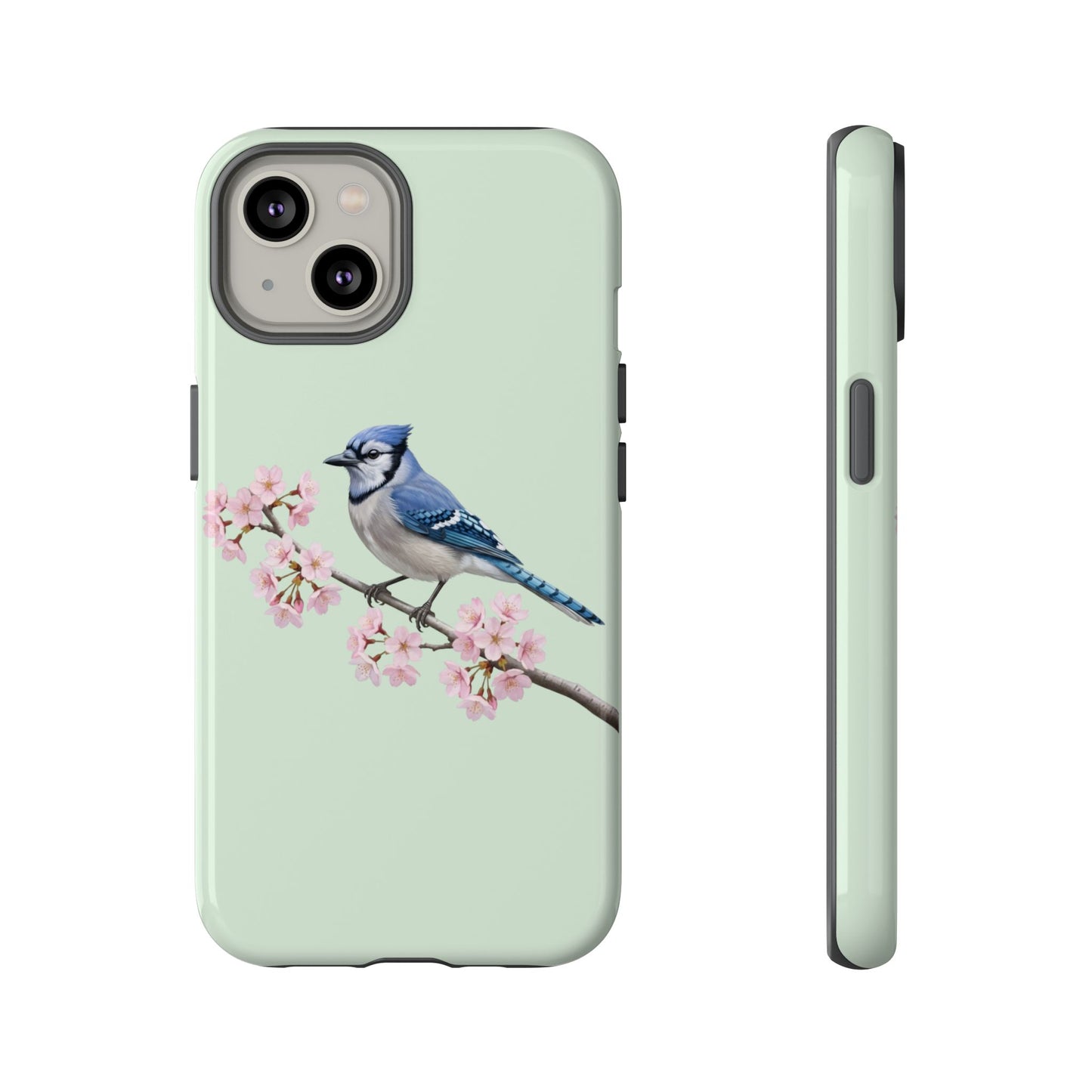 Blauhäher Handyhülle in Salbeigrün | Florales Kirschblüten Vogel-Motiv für iPhone & Google Pixel