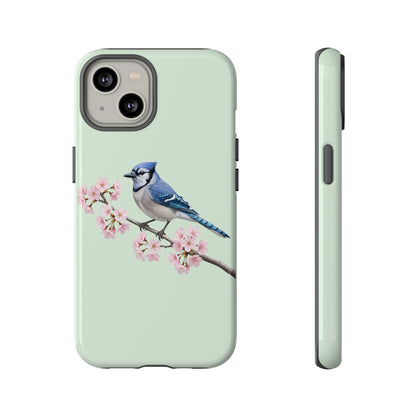 Blauhäher Handyhülle in Salbeigrün | Florales Kirschblüten Vogel-Motiv für iPhone & Google Pixel