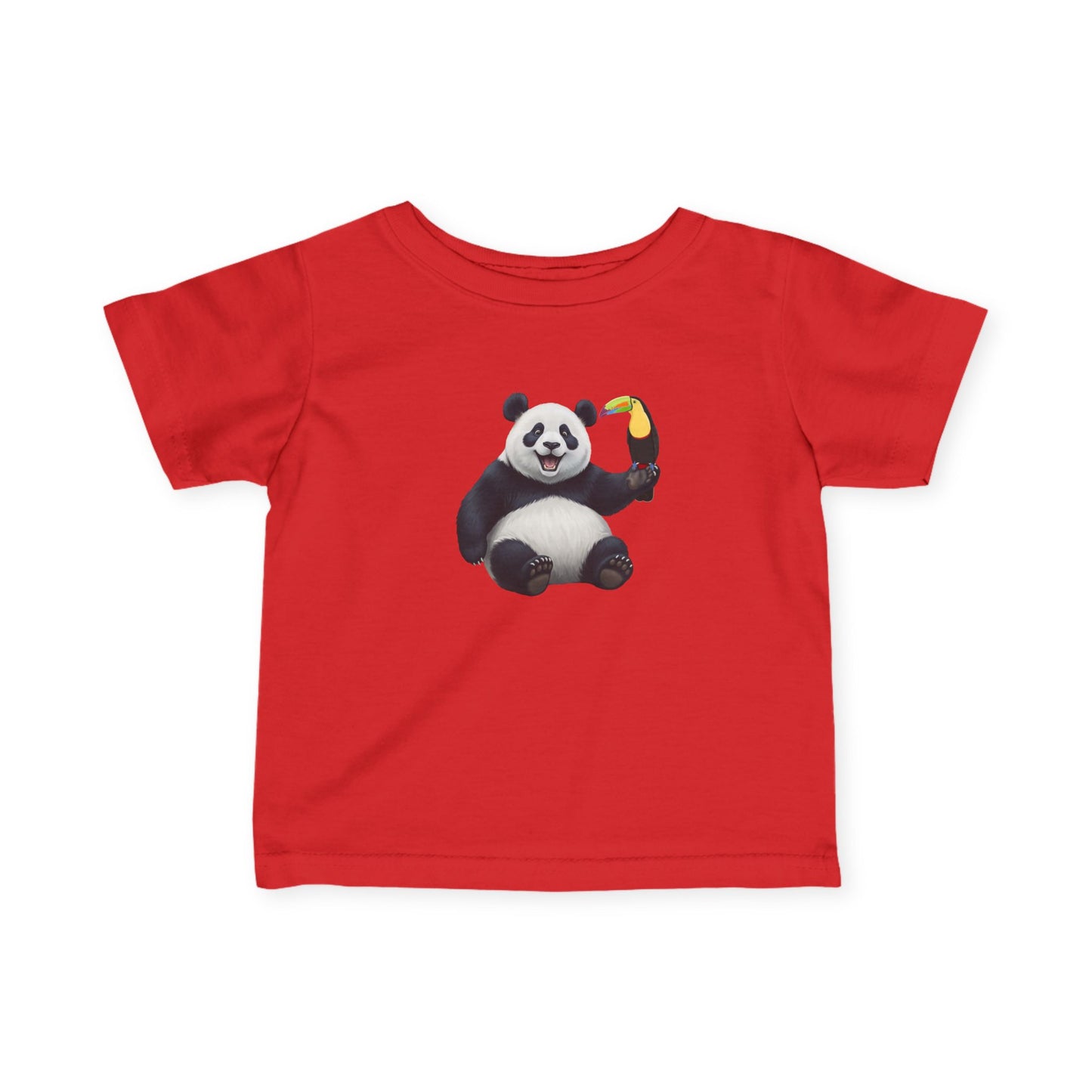 Fröhlicher Panda mit Tukan Vogel Tiermotiv T-Shirt für Babys und Kleinkinder