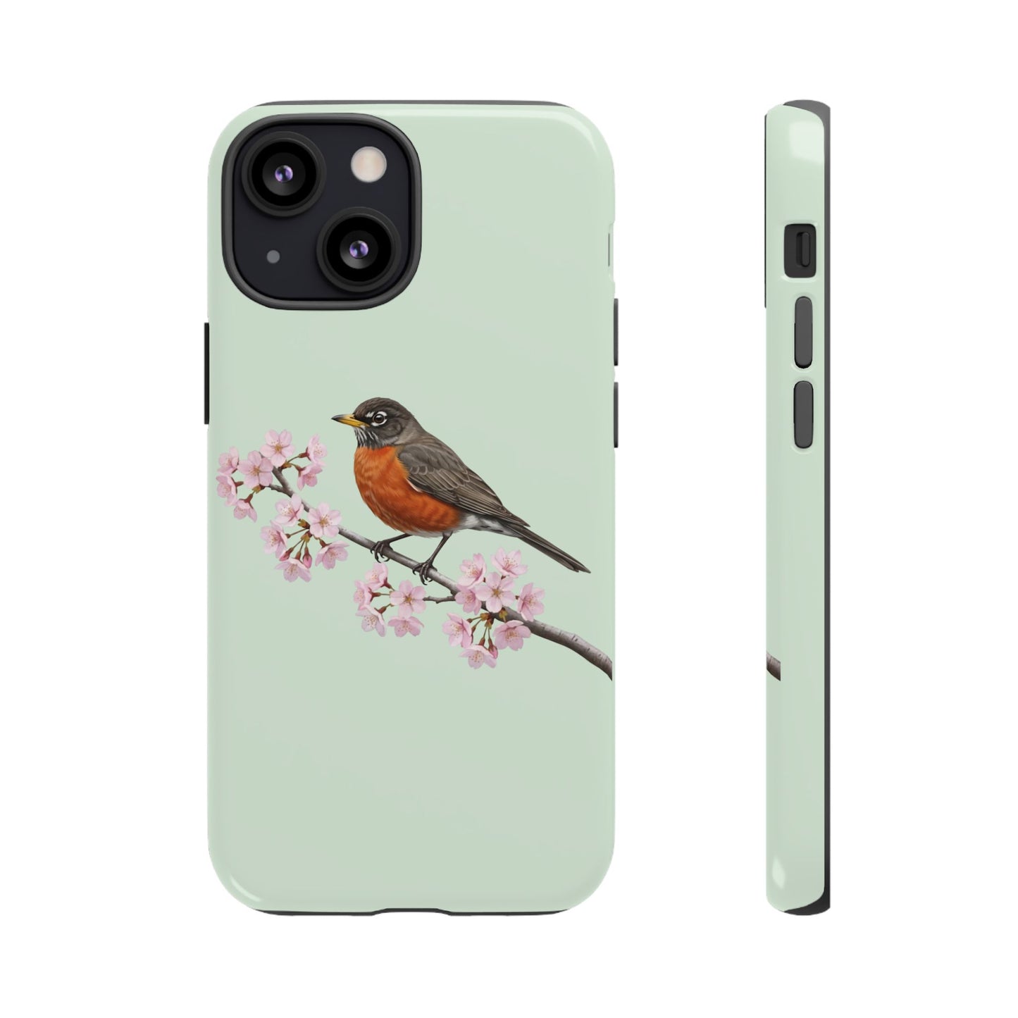 Wanderdrossel Handyhülle in Salbeigrün | Florales Kirschblüten Vogel-Motiv für iPhone & Google Pixel