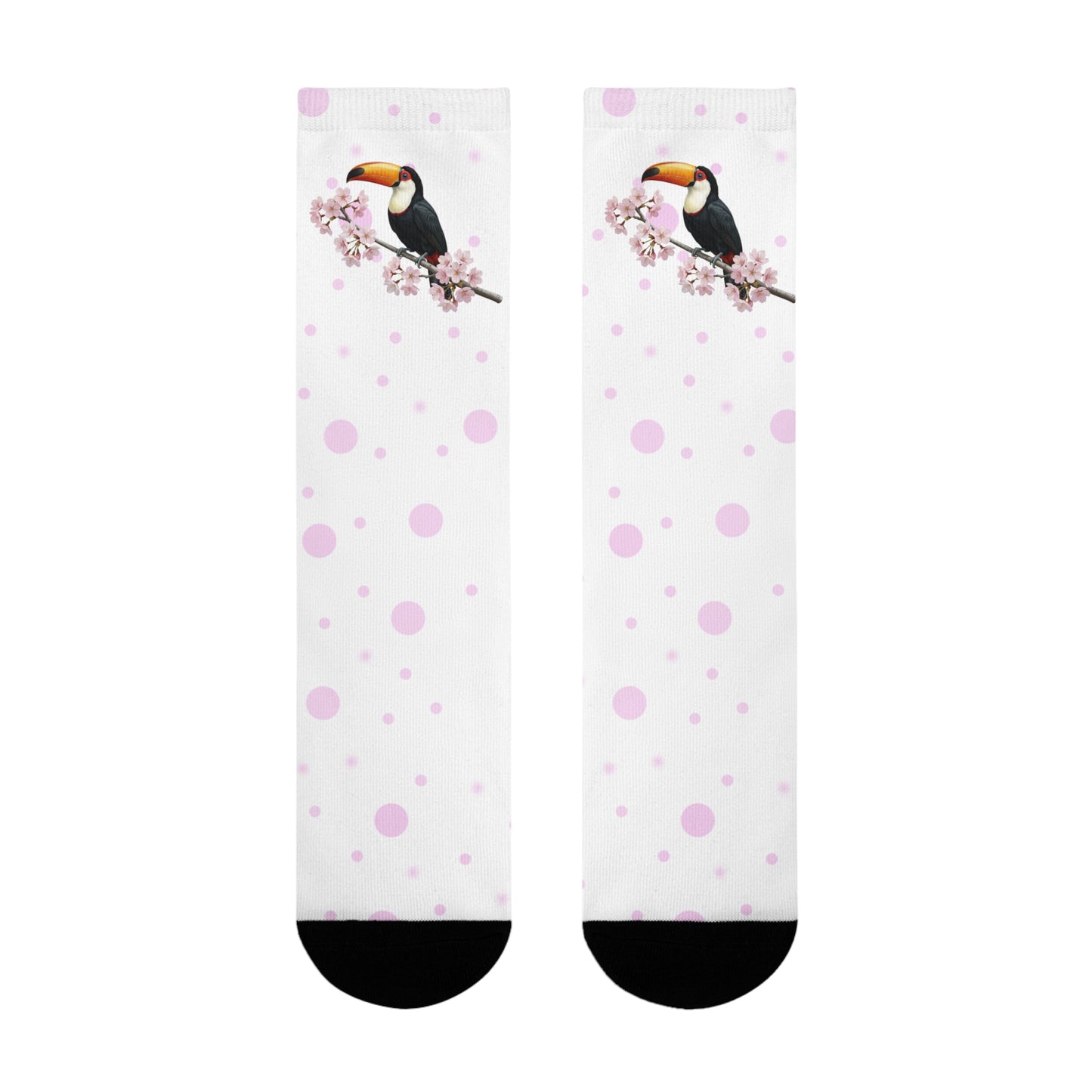 Tukan Socken mit Kirschblüten | Weiß Rosa gepunktete Vogelmotiv Strümpfe – Accessories,