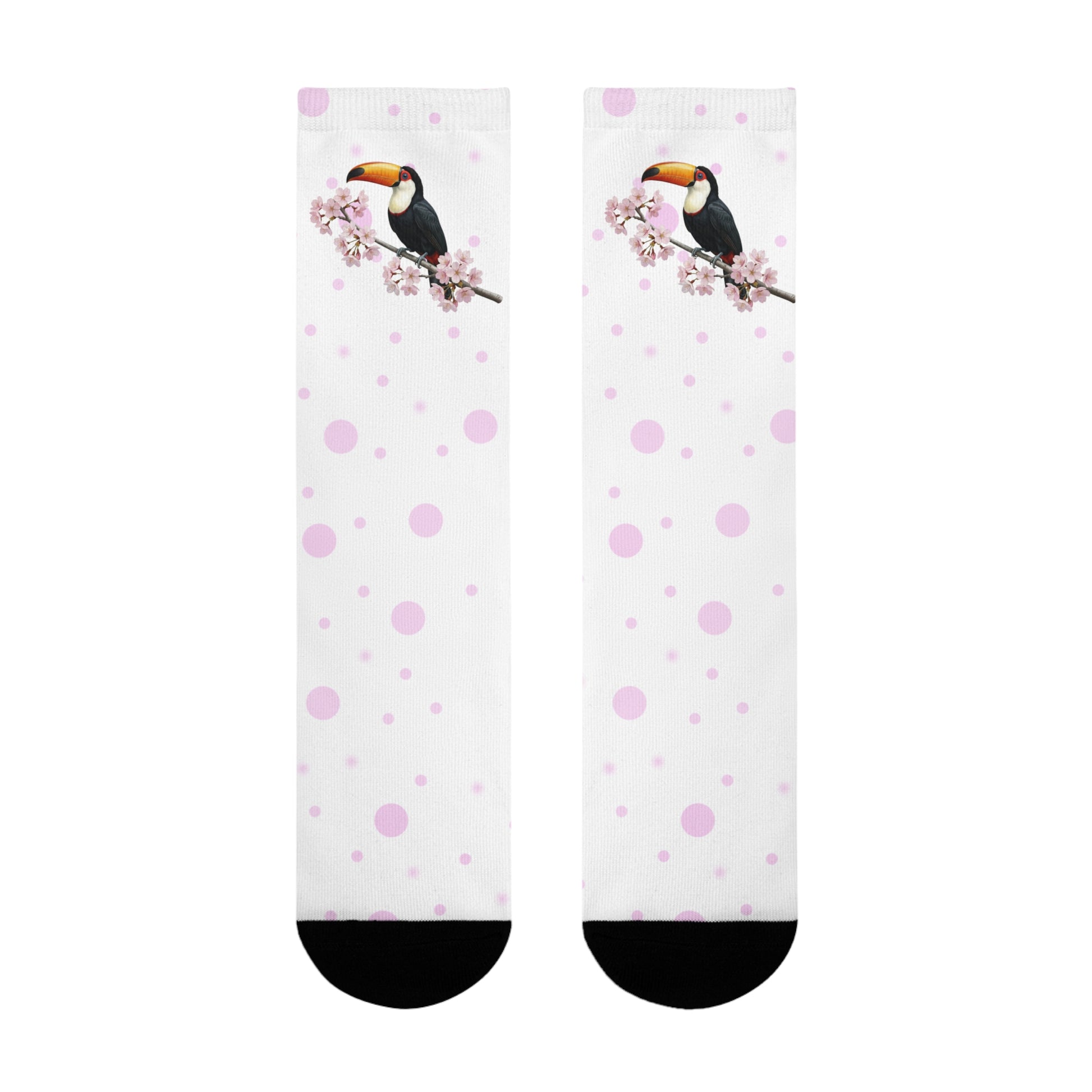 Tukan Socken mit Kirschblüten | Weiß Rosa gepunktete Vogelmotiv Strümpfe – Accessories,