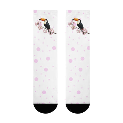 Tukan Socken mit Kirschblüten | Weiß Rosa gepunktete Vogelmotiv Strümpfe – Accessories,