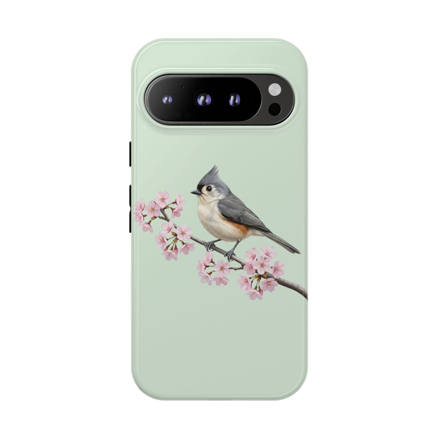 Grauhäubchenmeise Handyhülle in Salbeigrün | Florales Kirschblüten Vogel-Motiv für iPhone & Google Pixel