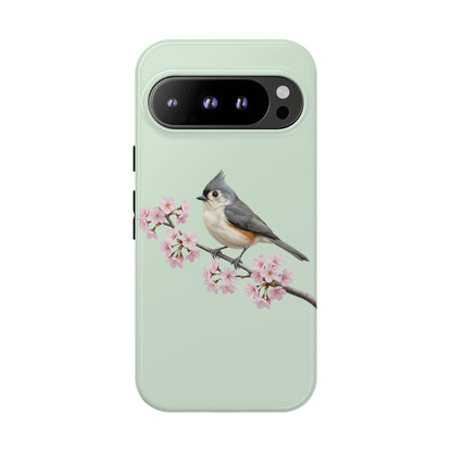 Grauhäubchenmeise Handyhülle in Salbeigrün | Florales Kirschblüten Vogel-Motiv für iPhone & Google Pixel