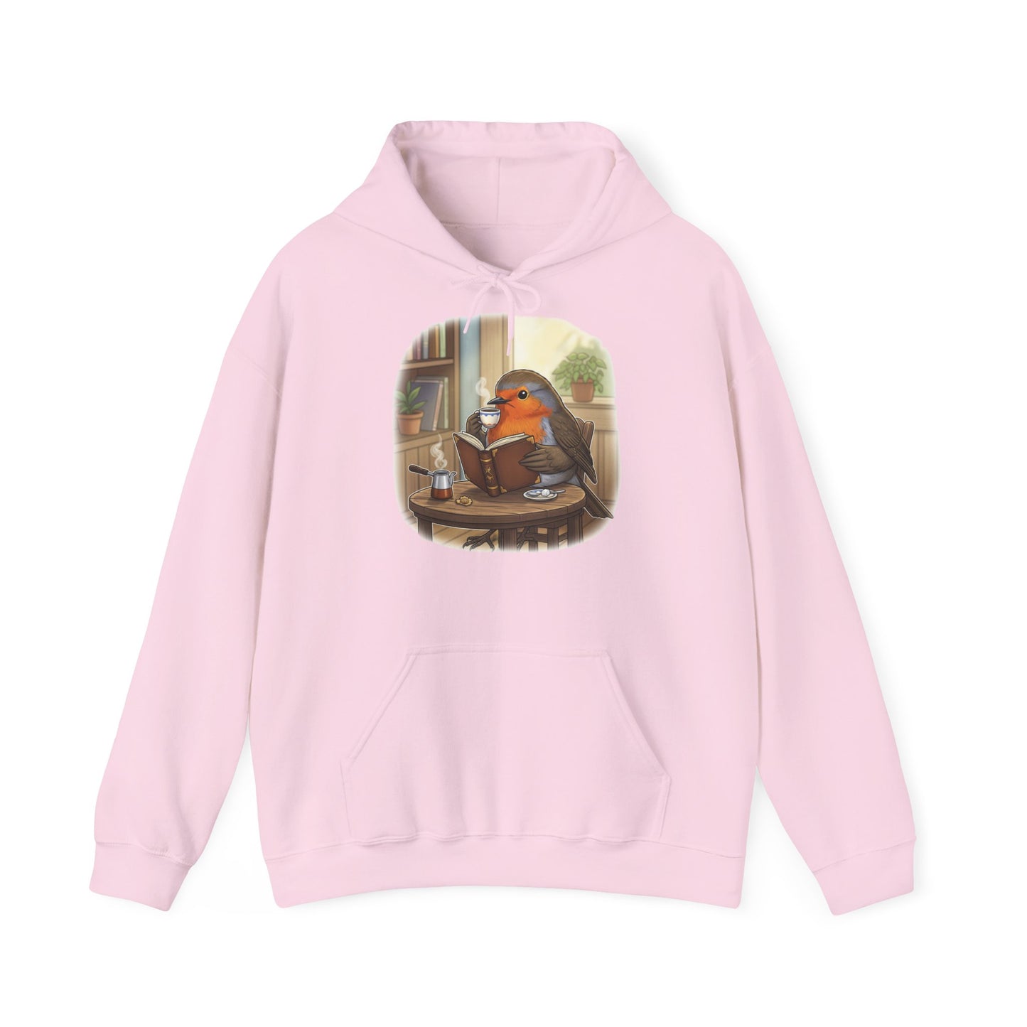 Rotkehlchen liest Bücher und trinkt Kaffee Vogel Hoodie - Kapuzenpullover für Vogelbeobachter mit Vogelmotiv