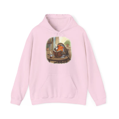 Rotkehlchen liest Bücher und trinkt Kaffee Vogel Hoodie - Kapuzenpullover für Vogelbeobachter mit Vogelmotiv
