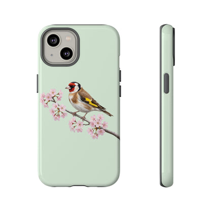 Stieglitz Handyhülle in Salbeigrün | Florales Kirschblüten Vogel-Motiv für iPhone & Google Pixel