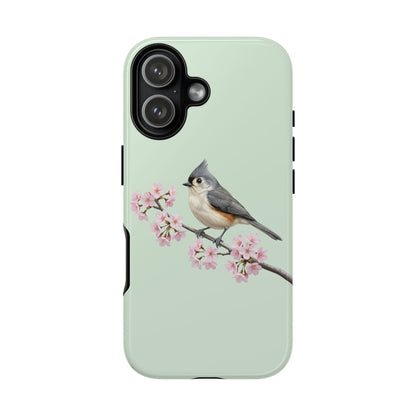 Grauhäubchenmeise Handyhülle in Salbeigrün | Florales Kirschblüten Vogel-Motiv für iPhone & Google Pixel