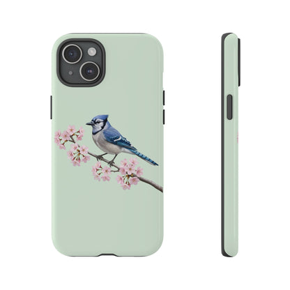 Blauhäher Handyhülle in Salbeigrün | Florales Kirschblüten Vogel-Motiv für iPhone & Google Pixel
