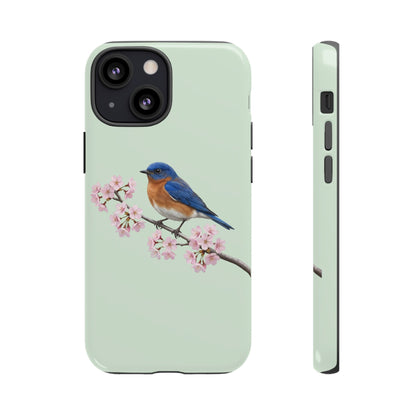 Rotkehl-Hüttensänger Handyhülle in Salbeigrün | Florales Kirschblüten Vogel-Motiv für iPhone & Google Pixel