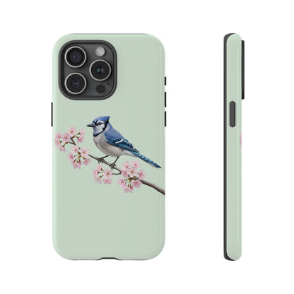 Blauhäher Handyhülle in Salbeigrün | Florales Kirschblüten Vogel-Motiv für iPhone & Google Pixel