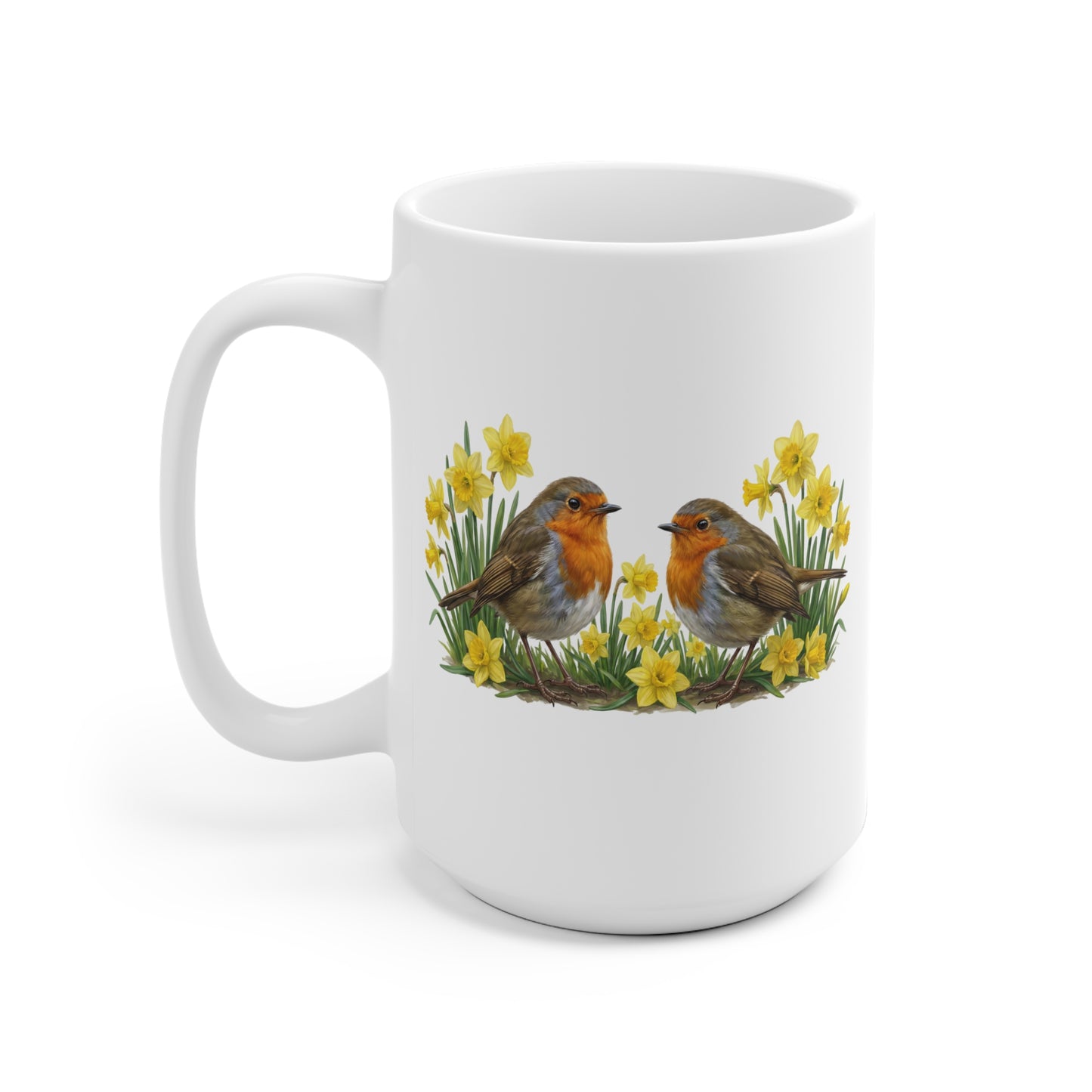 Rotkehlchen mit Osterglocken Tasse - Oster-Geschenk für Vogelfreunde mit Frühlingsdesign