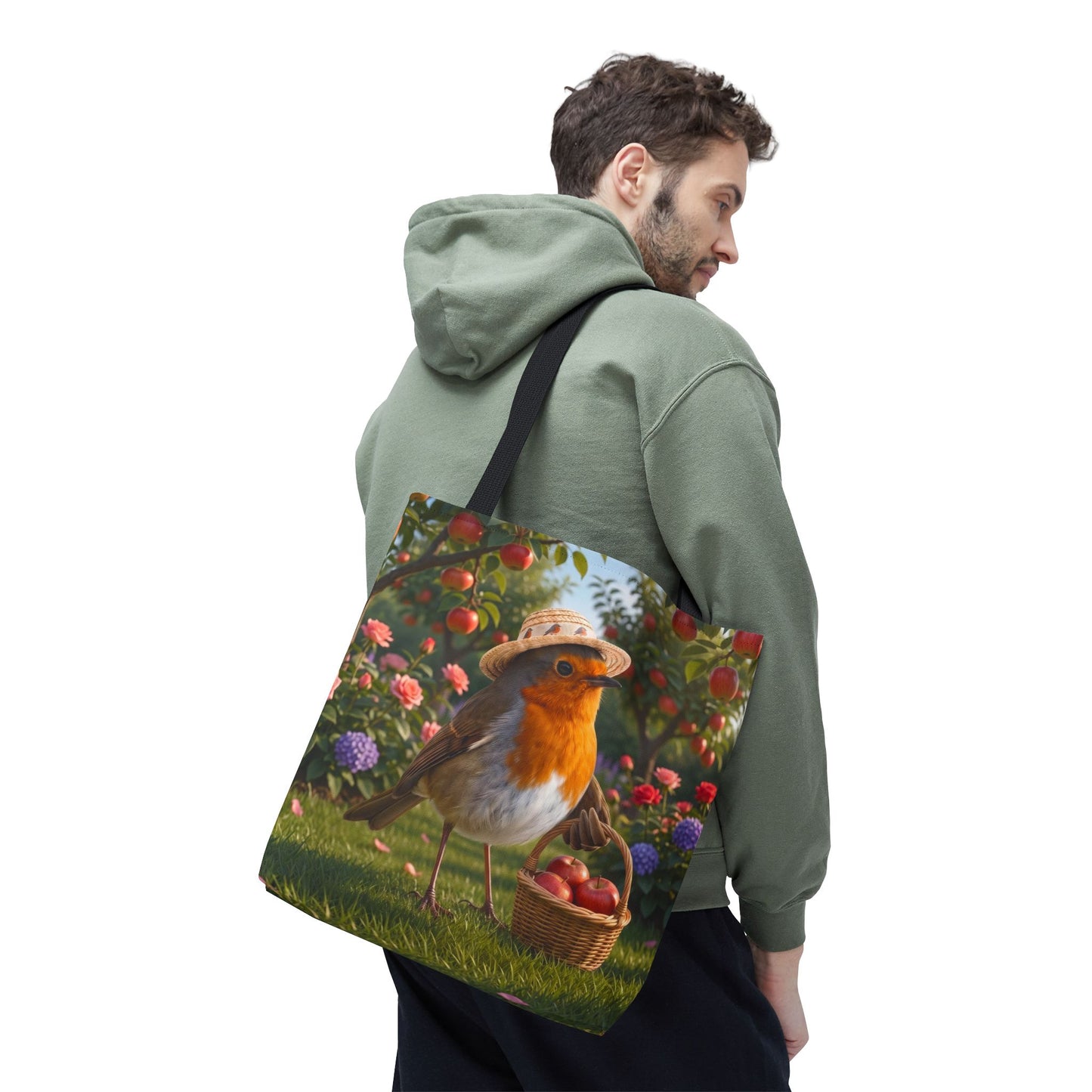 Premium Tragetasche Rosi Rotkehlchen bei der Apfelernte (40 x 40 cm)