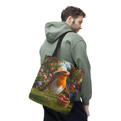 Premium Tragetasche Rosi Rotkehlchen bei der Apfelernte (40 x 40 cm)