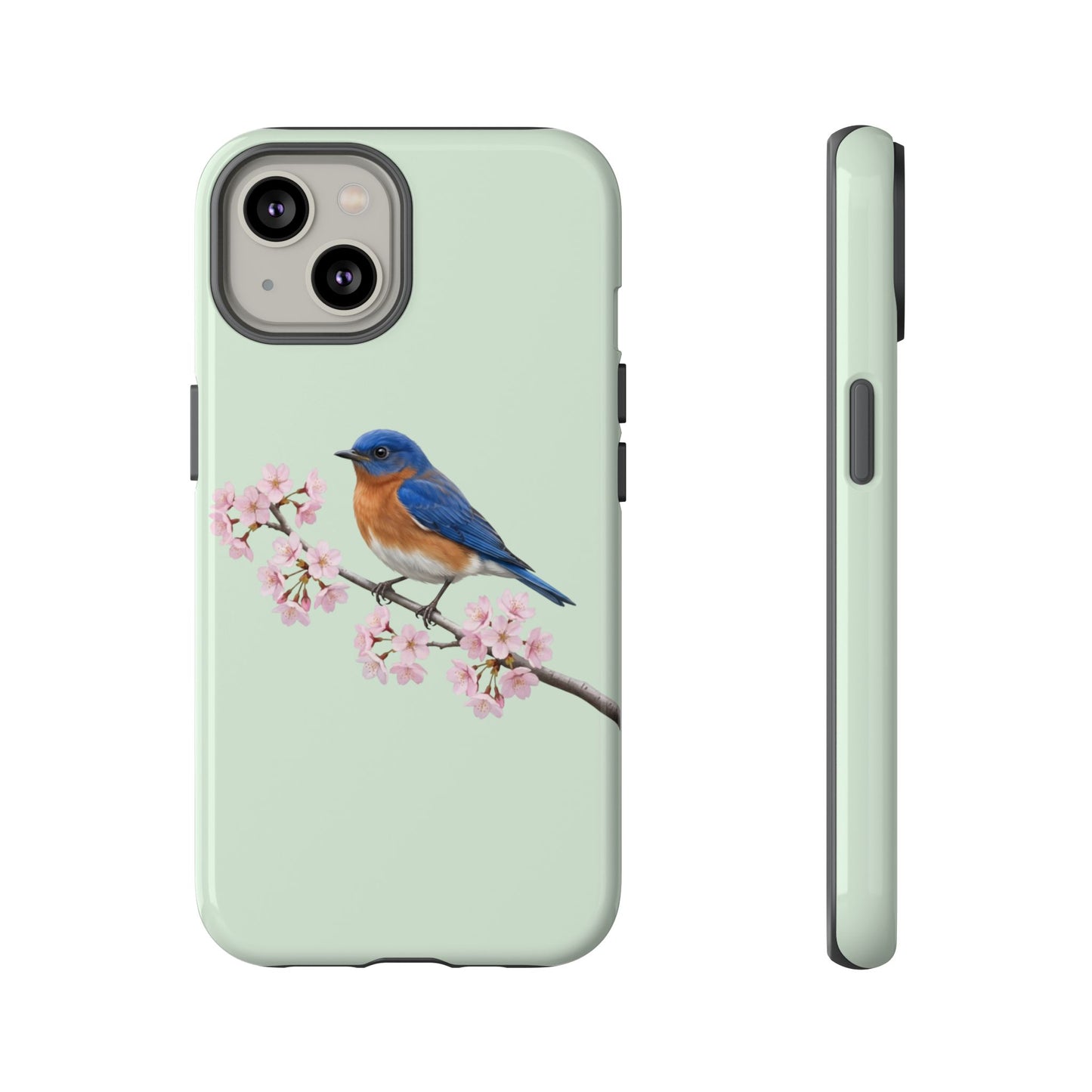 Rotkehl-Hüttensänger Handyhülle in Salbeigrün | Florales Kirschblüten Vogel-Motiv für iPhone & Google Pixel