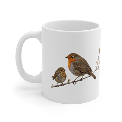 Rotkehlchen mit Ästling Premium Keramiktasse | Geschenk für Vogelbeobachter